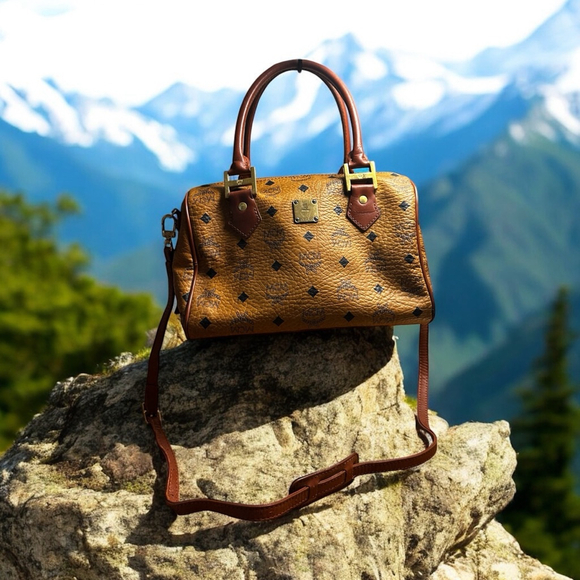 MCM Brown Coated Canvas Boston Bag - Picture 1 of 16